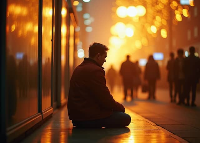 A man sitting on the sidewalk in an unknown city
