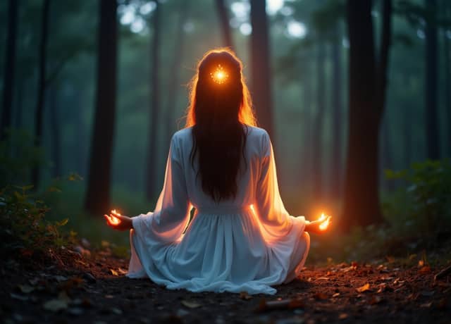 A woman meditating in the woods with glowing orbs around her
