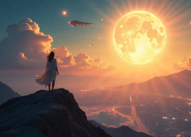 dynamic scene showing a person standing on a mountain peak, overlooking a radiant city below