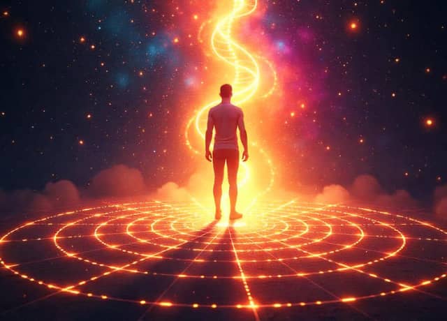 energetic scene with a human silhouette standing on a sacred geometric pattern