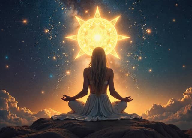 mystical figure surrounded by symbols of light language, star guides, and energetic transmissions