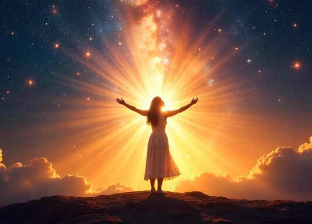 mystical figure surrounded by symbols of light language, star guides & energetic transmissions
