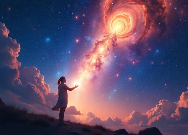mystical scene of a person standing under a vast starry sky, with a glowing celestial light descending from the stars into their heart, symbolizing the awakening of their Starseed potential