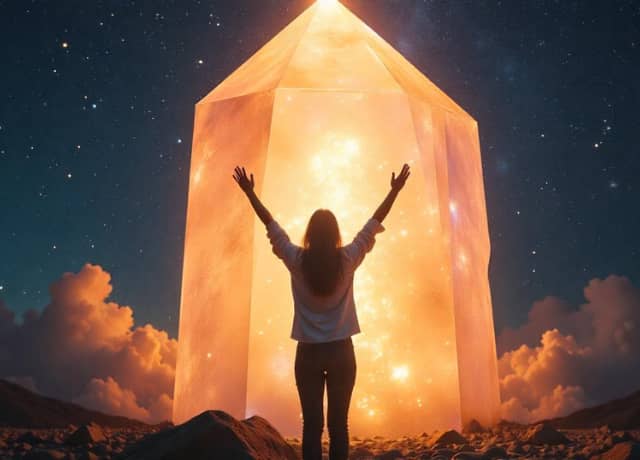 person standing in front of a large crystal, their arms raised, as light pours into their being from the crystal