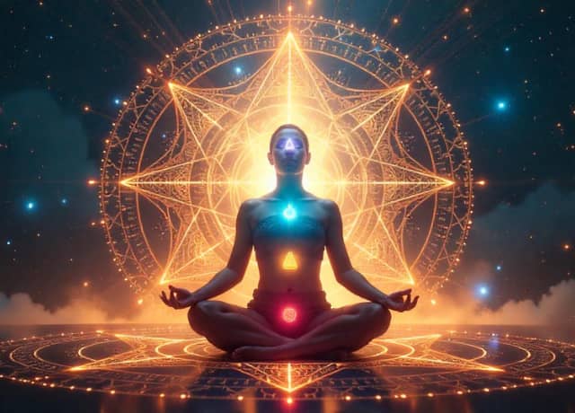 illustration of a person meditating in a sacred geometric pattern, with radiant energy lines flowing from their chakras