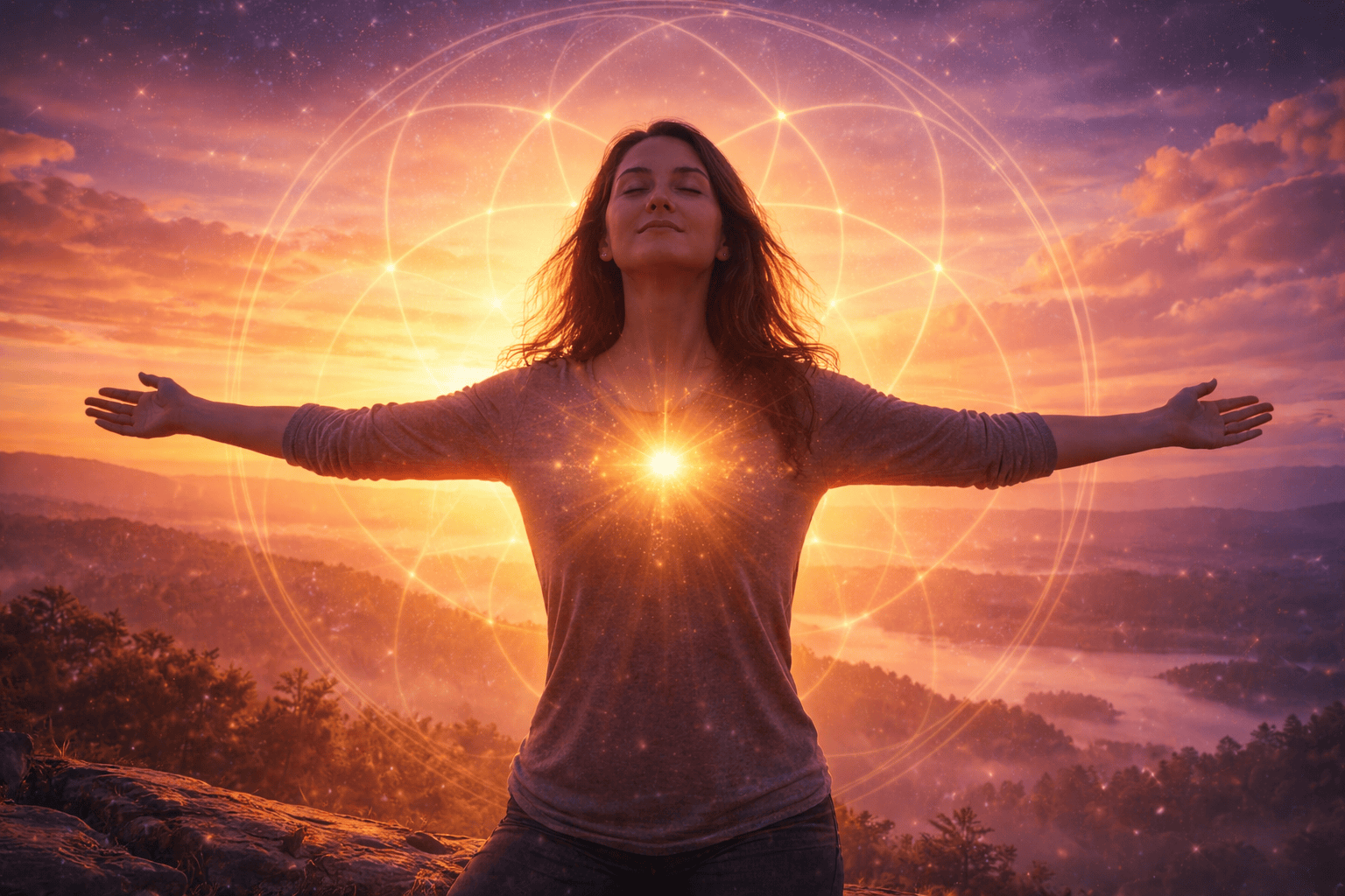 woman looking happy in sunset and spiritually
