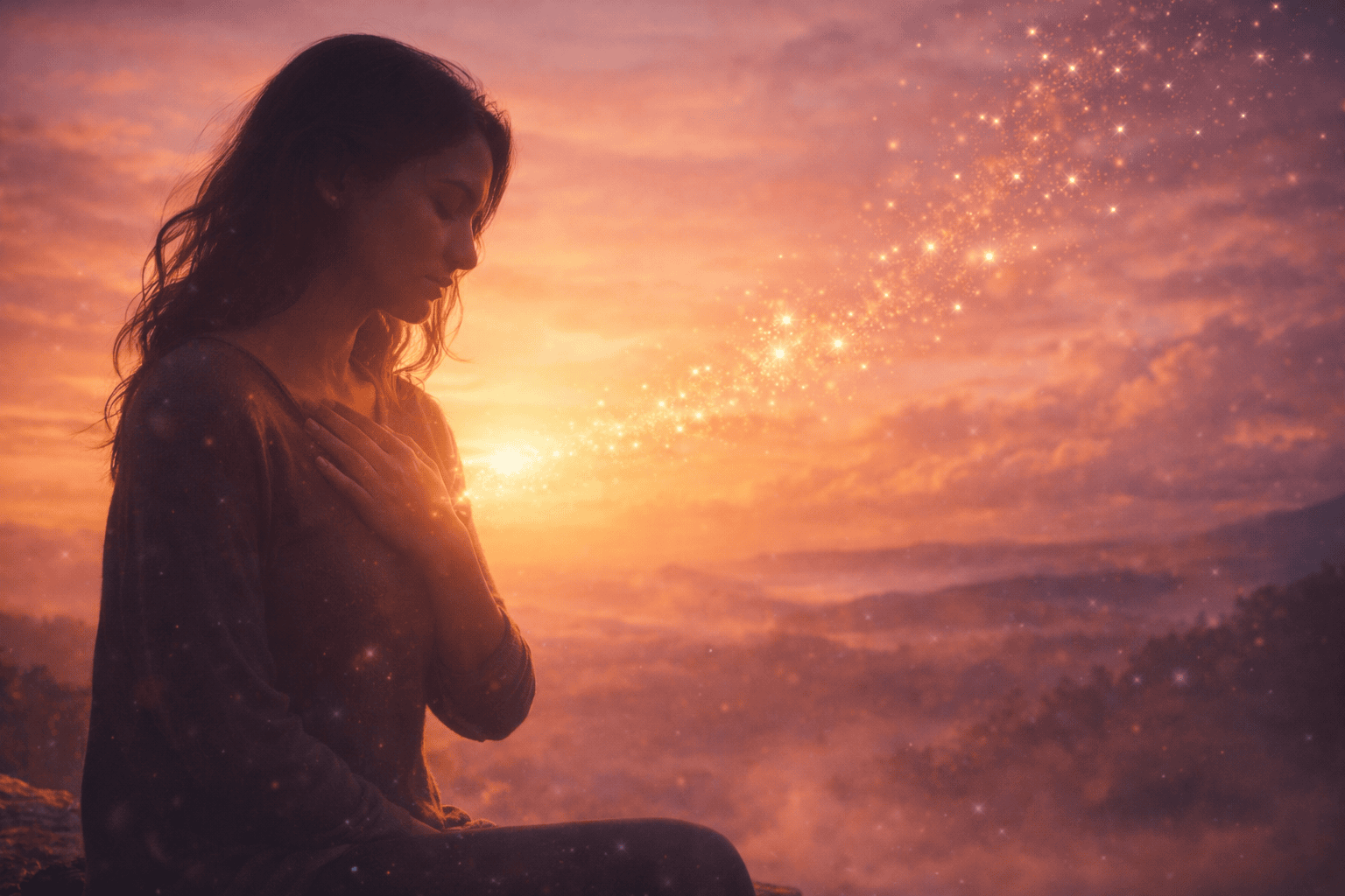 woman looking sorrowful with sunset background