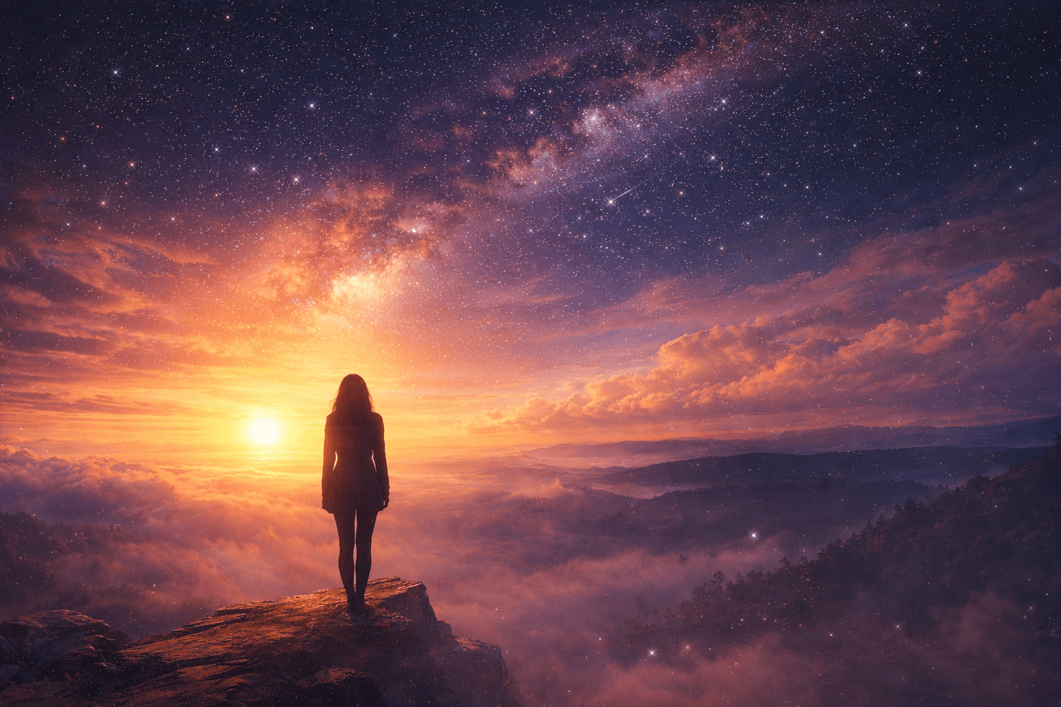 woman standing on a cliff looking at the sunset in the sky