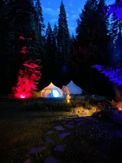 glamping tents at night